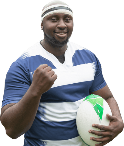Confident African American Rugby Player Holding Ball on Transparent Background