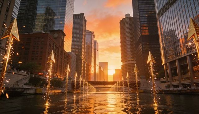 Golden arrow light fountains lining urban river at sunset with reflective glass towers