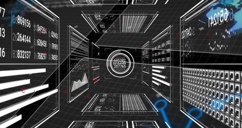 Futuristic 3D Data Corridor with Holographic Dashboards and Pulsing Analytics HUD