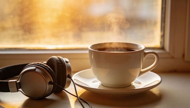 Steaming coffee cup and headphones resting on sunny windowsill, warm bokeh morning light