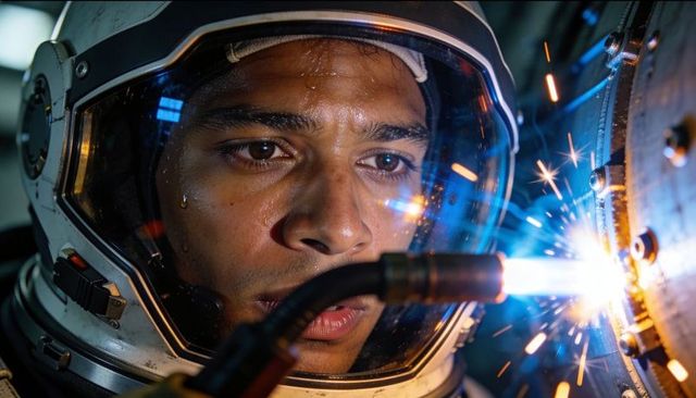Welding technician in space helmet cutting bolted panel with plasma torch and sparks