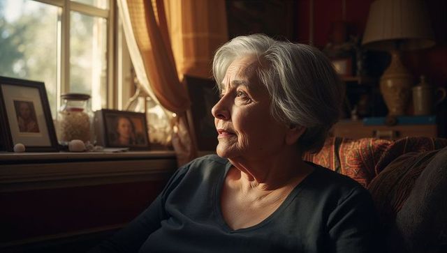 Pensive Senior Woman Gazing Out Window in Elegant Lounge