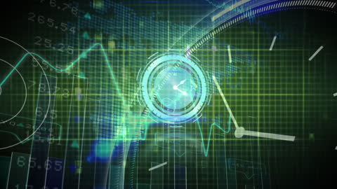 Futuristic UI with Neon Clock and Data Visuals in Green Theme