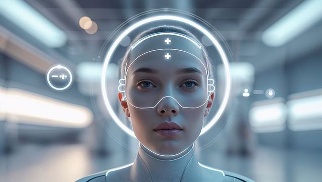 Futuristic humanoid with holographic interface in high-tech lab