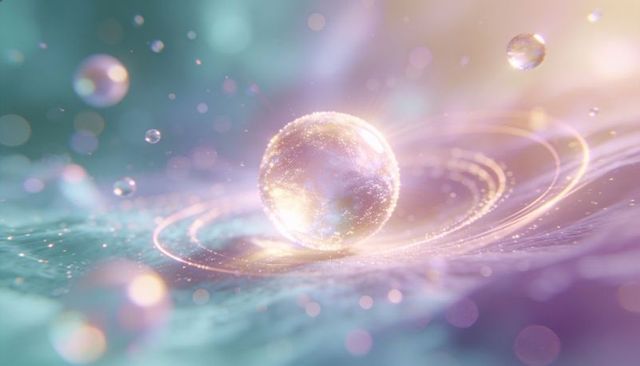Glowing translucent pearl sphere on iridescent ripple surface with orbiting light rings