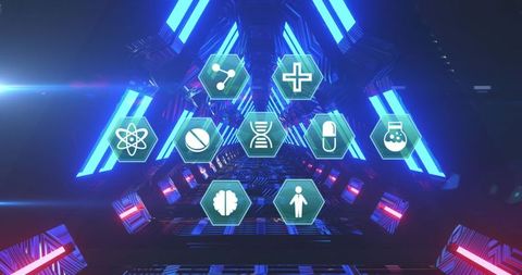 Digital medical icons in futuristic tunnel environment