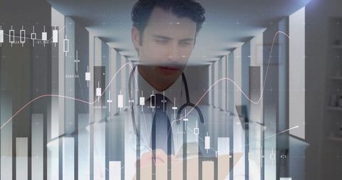 Doctor Analyzing Data with Digital Interface in Medical Corridor