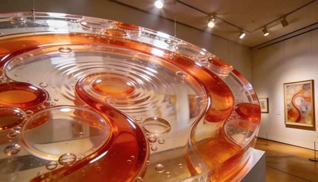 Hanging orange glass sculpture with bubbles and concentric waves in contemporary gallery