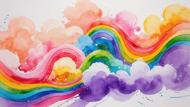 Vibrant rainbow ribbons and watercolor clouds