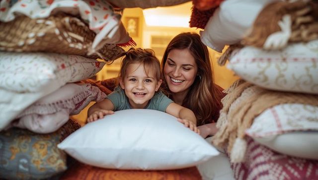 Mother and child building cozy pillow fort, laughing under stacked cushions and quilts
