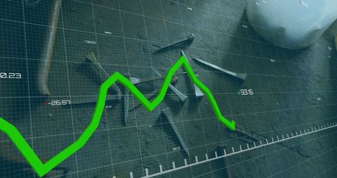 Dynamic green line graph overlaying abstract grid background