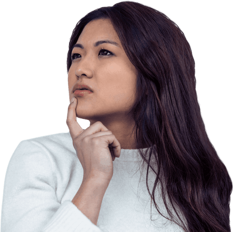 Thoughtful asian woman pondering a decision on transparent background