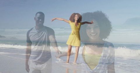 Cheerful Woman at Beach Transposed with Loved One