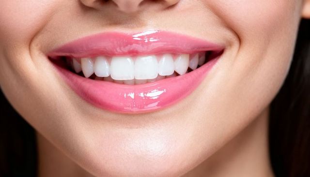 Smiling woman showing glossy pink lips and bright white teeth closeup for dental beauty