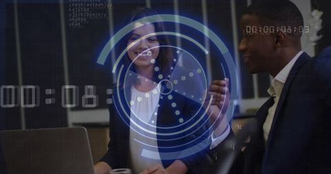 Executives Collaborating with Digital Interface Overlay