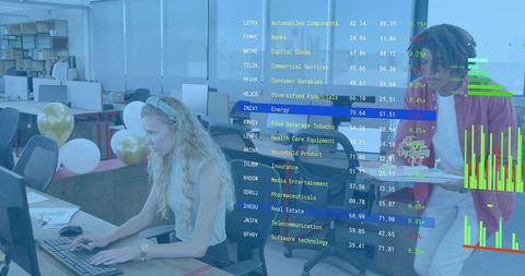 Young professional typing at open office with financial data overlays and colleague collaborating