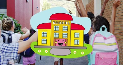 Excited students running toward school building icon