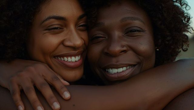 Smiling mother and daughter embracing, pressing cheeks together at golden hour