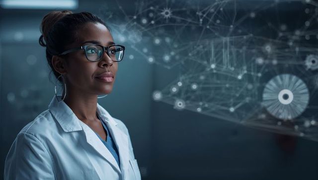 Female Scientist in Lab with Holographic AI Network Visualization and Futuristic Data