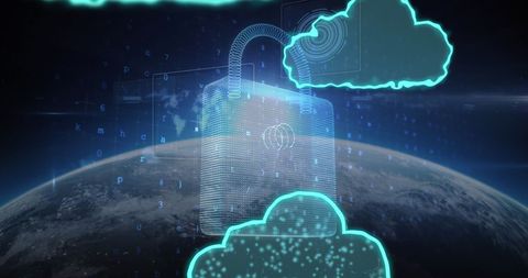 Cybersecurity Concept with Digital Padlock and Cloud Icons