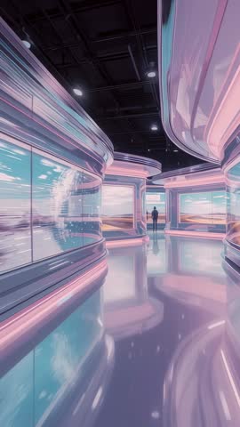 Visitor Walking Through Futuristic Immersive Holographic Corridor With Animated Panels