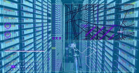 This visual features a state-of-the-art data center with overlapping digital interface elements and futuristic design. The image can represent concepts like big data, advanced technology, data processing, and IT infrastructure. It is ideal for use in technical brochures, cybersecurity presentations, educational materials, or any digital transformation project.