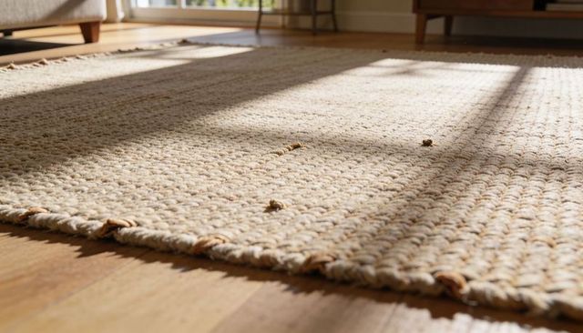 Sunlit woven jute rug on hardwood floor with braided texture and natural debris cozy