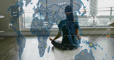 Asian Woman Meditating in Urban Studio with Holographic World Map and Wellness Tech