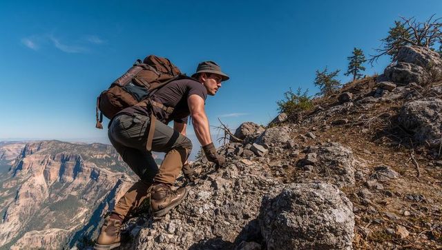 Ascending male hiker on rocky canyon ridge with large backpack and wide-brim hat