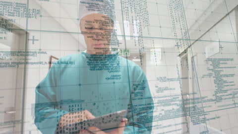 Medical Professional Working with Data Interface in Hospital Environment