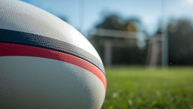 Rugby Ball on Green Field with Goal Posts Faded in Background