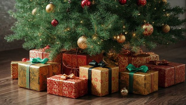 Festive wrapped gifts under illuminated christmas tree