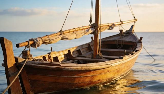 Sunset wooden sailboat gliding on calm coastal water with coiled ropes and varnished hull