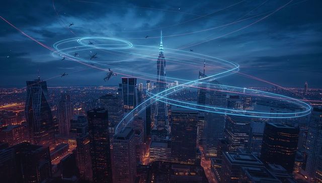 Futuristic nighttime metropolis with neon light trails and drone network over skyline