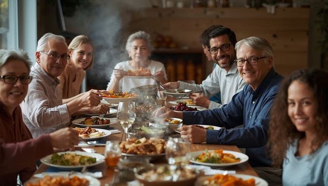 Sharing roasted feast at long wooden table multigenerational family gathering cozy dinner