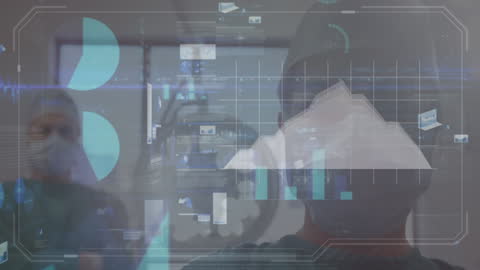 Surgeons Overlaid with Digital Financial Data Graphics