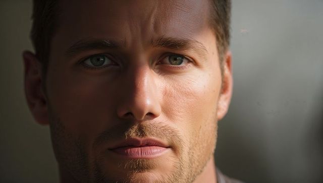 Close-up contemplative fair-skinned man looking forward with green eyes and light stubble