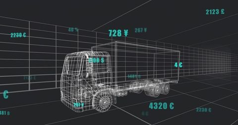 Wireframe semi-trailer truck with floating currency data