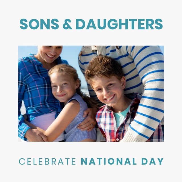 Features happy siblings with their parents at a beach, all smiling and enjoying the moment. Perfect for promotion and celebration of Sons and Daughters National Day, marketing materials, family bonding campaigns, and social media posts focusing on family values and events.