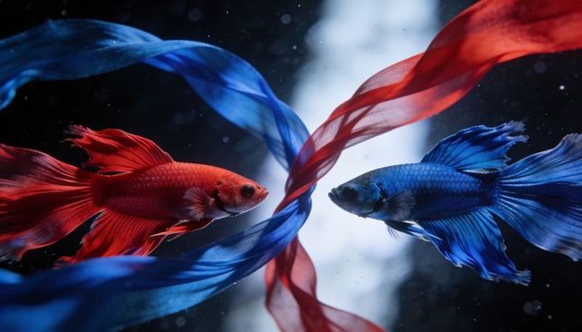 Red and blue betta fish facing off with flowing ribbon fins underwater backlit contrast