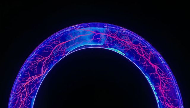 Glowing neon ring with magenta filaments emitting electric blue plasma arc