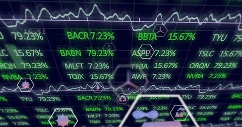 Futuristic finance dashboard showing green tickers and waveform analytics on neon grid