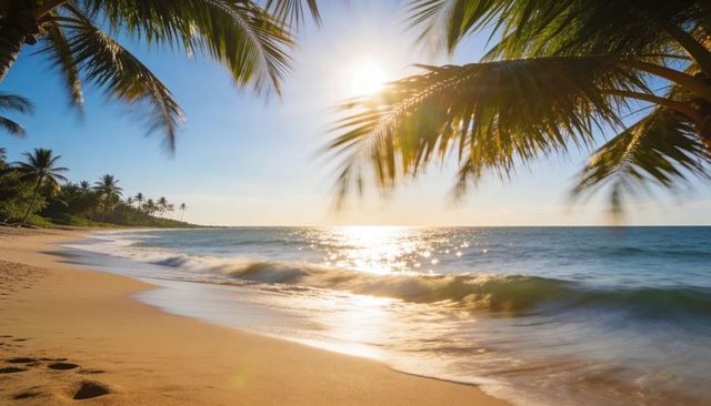 Sunlit tropical beach with palm fronds and footprints tracing rolling sandy shoreline