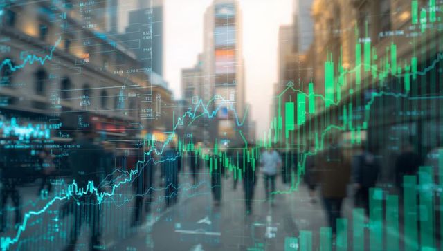 Financial District with Data Charts and Blurred Pedestrians