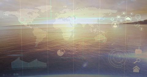 Digital Global Map and Data Icons Over Ocean Sunrise
