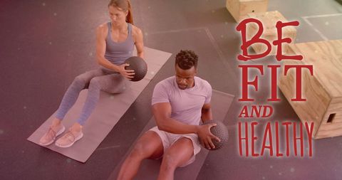 Diverse man and woman exercising in gym promoting active lifestyle