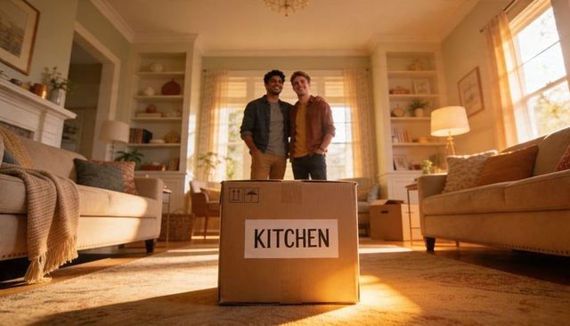 Young couple unpacking into cozy sunlit living room with kitchen box on patterned rug