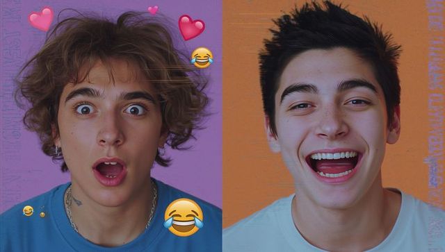 Teens reacting enthusiastically with emojis on split screen