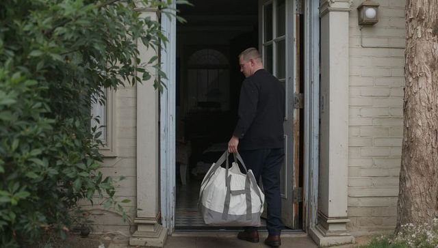 Man carrying large duffel bag entering home through porch, checkered foyer and calm mood