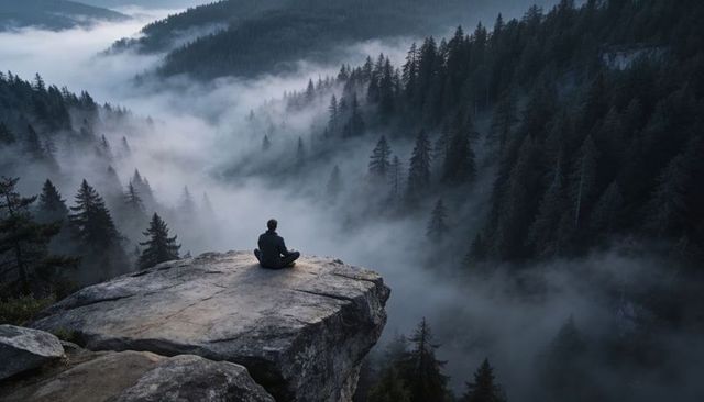Epic solitary hiker meditating on cliff overlooking mist-filled pine valley at dawn